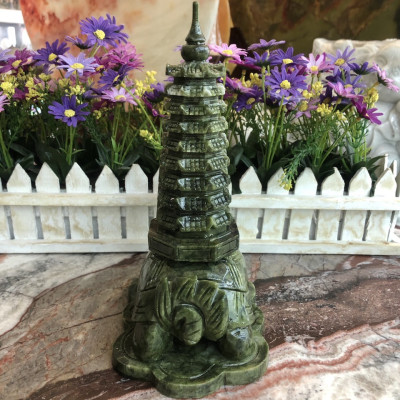 Tượng Long Quy ( Rùa đầu Rồng ) cõng tháp văn xương 9 tầng phong thủy cầu công danh tài lộc đá ngọc Ấn Độ - Dài 19 cm