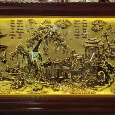 Tranh đồng vàng liền tấm khung gỗ gẵn đèn led- Đồng quê cấy cày