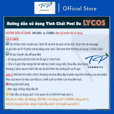 Tinh chất Peel Da Lycos - Lycos Face Peeling solution 10%AHA và 2%BHA - Lycos Peel da: không bong tróc, lột tẩy.