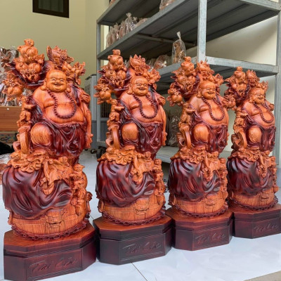 Tượng phật di lặc ngũ phúc bằng gỗ hương đá tô làm mầu giả cổ kt cao 60×24×14cm