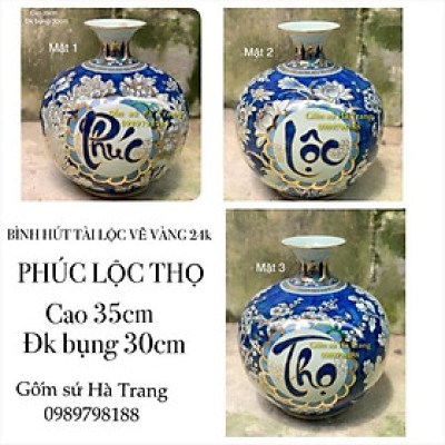 Bình hút tài lộc gốm sứ Bát Tràng cao cấp vẽ vàng 24K hoạ tiết Phúc Lộc Thọ cao 35cm