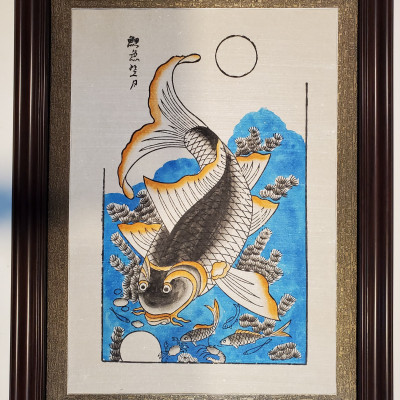 Tranh dân gian đông hồ " lý ngư vọng nguyệt " Cặp cá chép