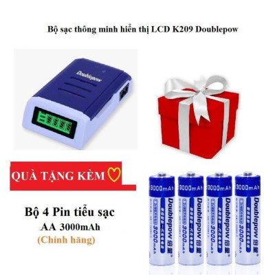 Combo Bộ Sạc nhanh Tự ngắt Tốc Độ Cao Màn Hình LCD Tặng 4 Pin AA 3000mAh Doublepow