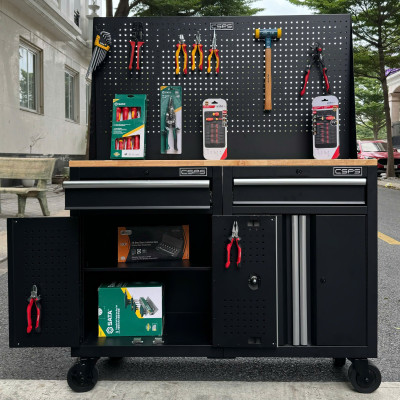 Bộ 2 Tủ dụng cụ CSPS 122cm màu đen mặt ván gỗ kèm vách lưới - 02 hộc kéo (tay cầm trắng)