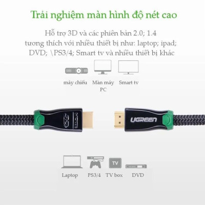 Ugreen UG10291HD126TK 1M màu Đen Cáp tín hiệu HDMI vỏ bọc kim loại hỗ trợ 3D 4K2K - HÀNG CHÍNH HÃNG