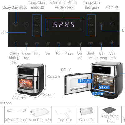 Lò chiên không dầu 12L Kangaroo KG12AF1A - Rapid Air - 1800W - Hàng chính hãng, Bảo hành 12 tháng