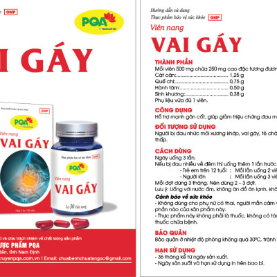 PQA Viên nang Vai Gáy là dược phẩm thảo dược hỗ trợ mạnh gân cốt, hạn chế triệu chứng đau mỏi xương khớp cho người bị đau nhức mỏi xương khớp, vai gáy, tê chân tay do phong thấp.