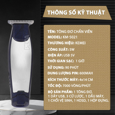 Tông đơ chấn viền cắt tóc, cạo trọc, cạo râu fade tóc, khắc tóc đi viền nét Kemei KM-5021 chuyên dụng cho salon, tiệm tóc, cá nhân đi kèm với máy có bộ cữ lược căn độ dài chuyên dụng Tặng kèm bộ 2 kẹp cá sấu chia tóc ( màu ngẫu nhiên )