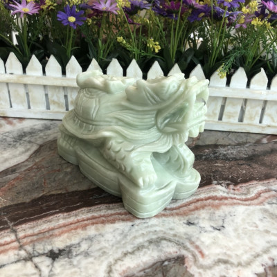 Tượng Long Quy ( Rùa đầu Rồng ) cõng gậy như ý phong thủy đá cẩm thạch trắng xanh - Dài 15 cm