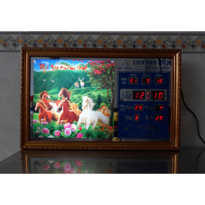 Đồng hồ Lịch Vạn Niên tranh đèn treo tường hiệu Cát Tường_tranh Mã Đáo 55108_KT 55x35x7cm_Có 2 loại (Không remote đèn và Có remote đèn)