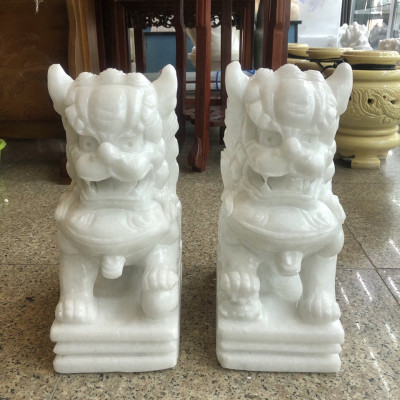 Cặp Kỳ Lân phong thủy gác cổng đá cẩm thạch trắng - Cao 30 cm