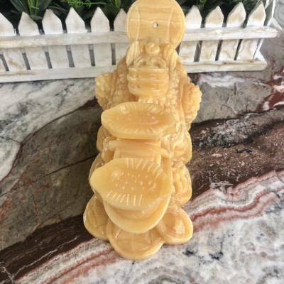 Tượng Cóc Ba Chân ngậm tiền, Thiềm Thừ phong thủy cõng gậy như ý chiêu tài lộc đá ngọc hoàng long - Dài 20 cm