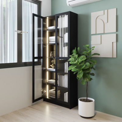 HAPPY FURNITURE , Kệ sách 6 tầng cửa kính đèn LED - CATY, KSA_074_LED , 80cm x 30cm x 202cm DxRxC