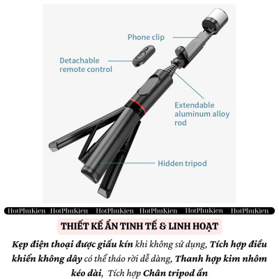 Gậy chụp ảnh selfie 3 chân hiệu HOTCASE WIWU Sharp Film remote bluetooth Xoay 360 độ có đèn flash tích hợp tripod, gập gọn, pin sạc type C, đèn trợ sáng Phụ Kiện - Hàng nhập khẩu