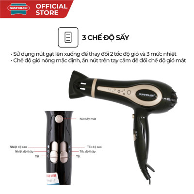 Máy sấy tóc SUNHOUSE SHD2317 công suất lớn 1800W sấy 2 chiều nóng lạnh, nhanh khô và bảo vệ tóc - Hàng chính hãng