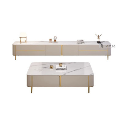 Bộ bàn trà kệ tủ tivi trắng vân SL 1002-13/20E Nội thất Capta Bộ kệ tivi mặt đá Ceramic,khung bàn gỗ công nghiệp chân bàn inox mạ màu vàng  