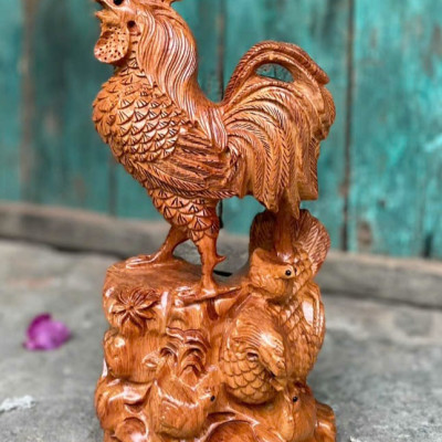 Tượng gia đình gà mẫu tử bằng gỗ hương đá kt cao 30×15×12cm 