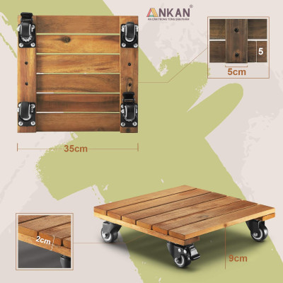 Đế Đôn Chậu Cây Có Bánh Xe Cao Cấp ANKAN Hình Vuông Màu Vàng 35x35 Cm Tải trọng 150 Kg Gỗ Tràm Bông