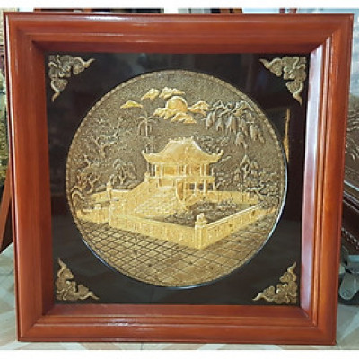 TRANH ĐỒNG VÀNG LIỀN TẤM MẠ VÀNG ĐÀI LOAN KHUNG GỖ, CHÙA MỘT CỘT-A212