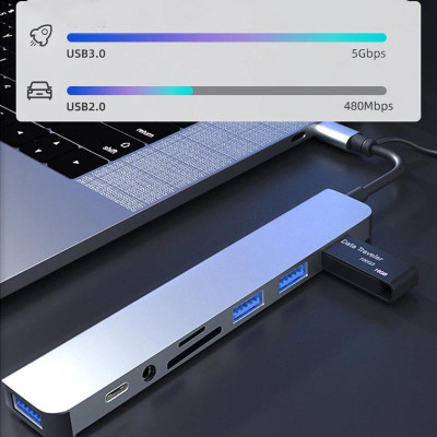 Bộ Chuyển Đổi Hub USB C Hub 8 Trong 1 Type C 3.1 Sang USB 3.0/ Type C/ Đọc Thẻ SD / TF Cho MacBook Notebook Laptop Máy Tính-Hàng Chính Hãng