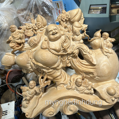 Tượng phật di lặc ngũ phúc bằng gỗ ngọc am thơm nức kt 40x35x14cm 