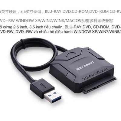 Ugreen UG20231CR108TK 25CM màu Đen Bộ chuyển đổi USB 3.0 sang SATA ổ cứng hỗ trợ nguồn - HÀNG CHÍNH HÃNG