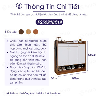 Tủ Kệ Giày Gỗ Chống Ẩm Cao Cấp FIVO FS52 Có Cửa, Ngăn Chứa Trong Tủ Lớn, Mặt Tủ Rộng Rãi, Kèm Hộc Tủ Ngang Giúp Đựng Vật Dụng Thường Dùng (Chìa Khóa, Găng Tay...)