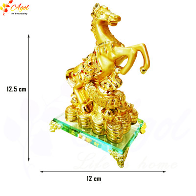 Tượng ngựa vàng phong thủy mã đáo thành công đế kính cao cấp  (chiều dài 14cm * rộng 9cm * cao 21cm) - Hàng Nhập Khẩu