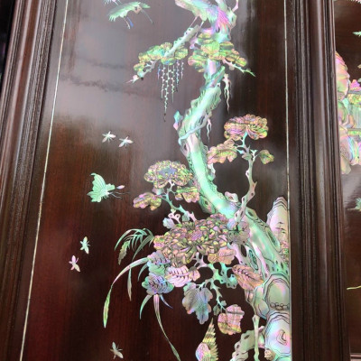 Bộ tranh gỗ gụ kết hợp khảm ốc đỏ tích, tứ quý bốn mùa trong ,xuân ,hạ, thu ,đông ,và được làm mầu mận chín giả cổ kt 30×107cm + ván khung dầy tổng  4cm 