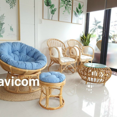 Ghế thư giãn papasan mây tư nhiên ( nệm vải bố cao cấp xanh nhạt) 