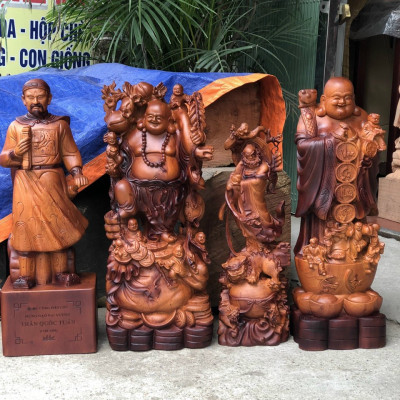 Tượng phật di lặc chúc phúc bằng gỗ hương đá tô làm mầu giả cổ kt cao 80×35×18cm