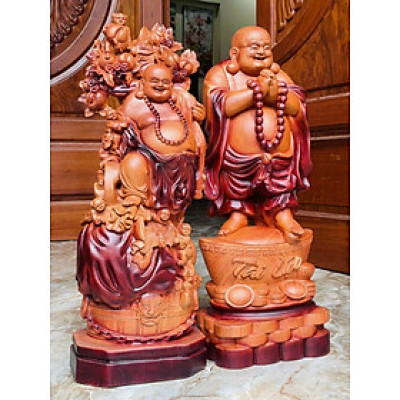 Combo cặp tượng phật di lặc bằng gỗ hương đá tô làm mầu giả cổ đẹp long lanh kt cao 60×24×14cm
