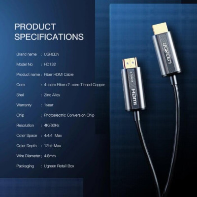 Ugreen UG50217HD132TK 30M màu Đen Cáp tín hiệu HDMI chuẩn 2.0 sợi quang cao cấp - HÀNG CHÍNH HÃNG
