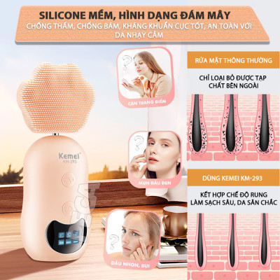 Máy rửa mặt đa năng 2in1 Kemei KM-293 điều chỉnh 3 mức tốc độ, kèm đầu lăn nâng cơ massage giảm thâm mắt - Hàng chính hãng