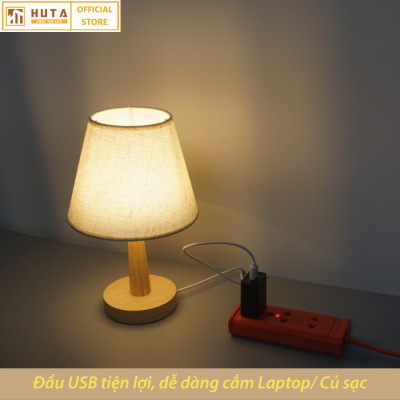 Đèn ngủ để bàn HUTA G2S Gỗ Chao Nón Vintage Dễ thương Decor Trang trí phòng ngủ, Đọc Sách Đầu Giường, Đầu Cắm USB, Đèn Vàng Bóng LED Tiết Kiệm Điện
