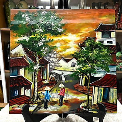 Tranh sơn mài phố cổ vẽ màu cẩn trứng đẹp , hàng xuất khẩu 50x50 cm