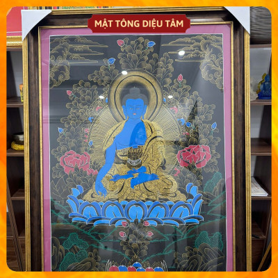 Tranh Thangka Dược sư Thủ Công Nepal Tranh Phật Dược Sư Xanh Dương handmade 92cm Biểu Tượng Chữa Lành Mật tông Diệu Tâm