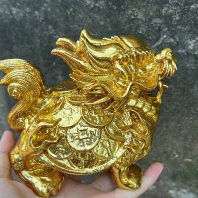 CẶP Tượng long quy bằng gỗ bách xanh kt 15×10×9cm sơn pu dát vàng cao cấp 