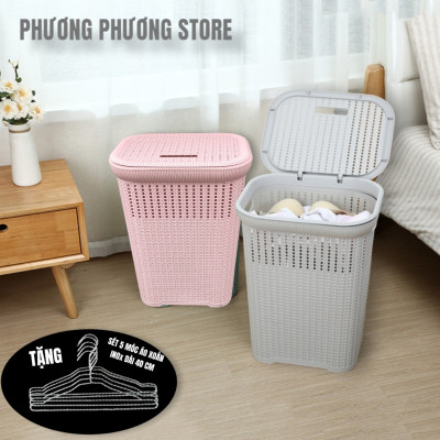 ( HÀNG CAO CẤP ) Giỏ đựng đồ quần áo có nắp Hàn Quốc Kiểu Dáng Đan Mây( Tặng Sét 5 Móc áo Inox Xoắn Dài 40cm )