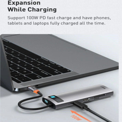 Hub chuyển đổi đa năng 8 trong 1 Baseus CAHUB-CV0G ( Type-C to HDMI/ USB3.0/ LAN / SD Card Reader/ Type C PD 100W, Multifunctional HUB) - HÀNG CHÍNH HÃNG