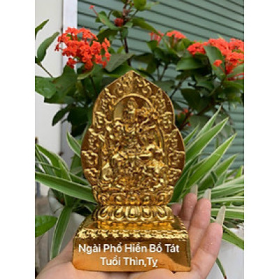 Tượng bản mệnh ngài phổ hiền bồ tát hợp tuổi ( thìn ,tý ) bằng gỗ bách xanh pu dát vàng cao cấp 