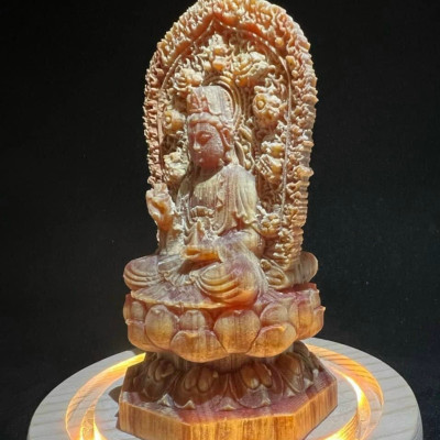 Tượng phật bà quan âm bồ tát mini khắc hai mặt bằng gỗ huyết long kt cao 13×6×6cm