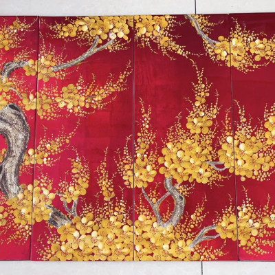 Bộ Tranh 4 tấm sơn mài HOA ĐÀO/ MAI cẩn trứng thích hợp trang trí nhà cửa, văn phòng, làm quà tặng,,....