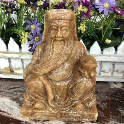 Tượng hai ông Thần Tài Thổ Địa thờ cúng đá cẩm thạch vân gỗ - Cao 15 cm
