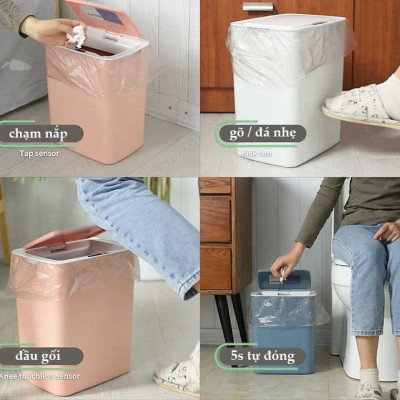 Thùng Rác Cảm Ứng Tự Động Thông Minh Pin Sạc Cổng USB Bản Nâng Cấp 2022 Cảm Ứng Kép 3 Chiều Dung tích 14L Chống Nước Tốt