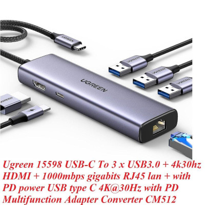 Ugreen 15598 USB type C sang 1 x HDMI 4K30Hz + 3 x USB 3.0 + 1 x RJ45 1Gbps + 1 x USB-C PD100W Bộ chuyển 6in1 Ugreen CM512 - Hàng Chính Hãng