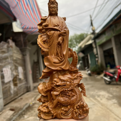 Tượng phật bà quan âm bồ tát bằng gỗ bách xanh thơm nức  kt 28×10×7vm