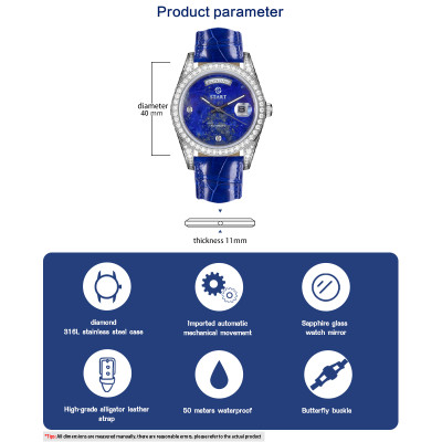 【START】Đồng hồ nam đá Lapis Lazuli tự nhiên đồng hồ kim cương chức năng hiển thị thứ ngày  đồng hồ cơ tự động dây da cá sấu Khóa bướm