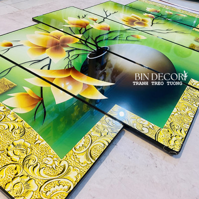(ẢNH THẬT) Tranh treo tường bình hoa mộc lan xanh bộ 5 tấm bo viền kèm đinh treo