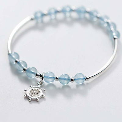 Vòng tay đá Aquamarine phối charm bánh lái mệnh thủy, mộc - Ngọc Quý Gemstones